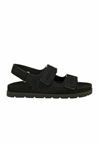 Sandali in suede nero con due strap regolabili in Velcro, soletta imbottita e suola in gomma con design a profilo basso.