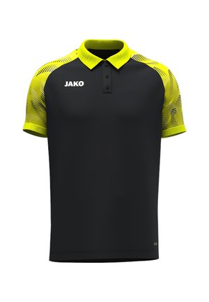Polo noir avec col jaune néon et manches à motifs, avec une patte de boutonnage à trois boutons et un logo blanc "JAKO" sur la poitrine.