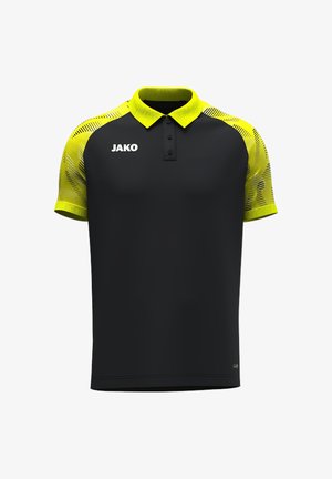 Zwart poloshirt met neongele kraag en met patroon bedrukte mouwen, met een drieknops inzetstuk en een wit "JAKO"-logo op de borst.
