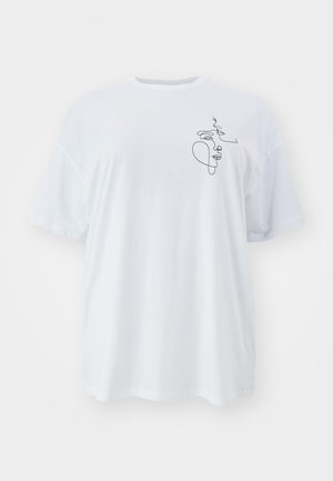 White cotton t-shirt, oversized fit, featuring a minimalist black line drawing on the left side. Classic crew neck and short sleeves.