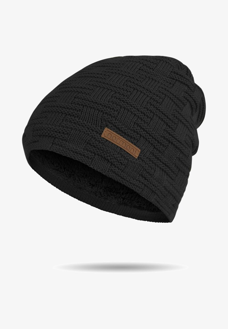 Black knit beanie with a textured woven pattern. Features a soft, fleece lining and a brown leather logo patch on the front edge.