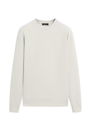 Světle béžová mikina s dlouhým rukávem a kulatým výstřihem, s žebrovanými manžetami a spodním lemem, položena rovně na bílém pozadí.