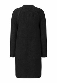 Robe pull en tricot noire avec des manches longues, un col rond et un maille texturée, s'étendant jusqu'au milieu de la cuisse. Design simple et polyvalent.