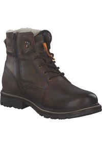 Brown leather ankle boot with textured finish, featuring a side zipper, lace-up design, and rubber sole with traction patterns.