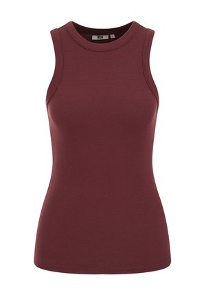 Rankovių, prigludusios, su šonkauliukais, bakelio tipo palaidinė gilia bordine spalva, su apvalia iškirpte ir mažu dydžio etikete ant apykaklės vidinės pusės.