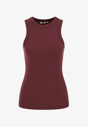 Rankovių, prigludusios, su šonkauliukais, bakelio tipo palaidinė gilia bordine spalva, su apvalia iškirpte ir mažu dydžio etikete ant apykaklės vidinės pusės.