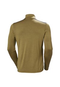 Długi rękaw, oliwkowy pulower z wysokim kołnierzem i strukturalną tkaniną. Posiada kontrastujący ciemny akcent na ramieniu. Gładkie wykończenie.