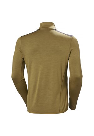 Pletený dlouhý rukáv, olivově zelený, s vysokým límcem a texturovanou látkou. Má kontrastní tmavý akcent na rameni. Hladký povrch.