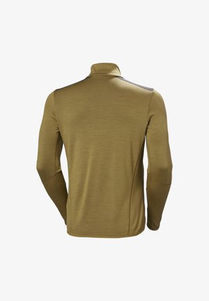 Pletený dlouhý rukáv, olivově zelený, s vysokým límcem a texturovanou látkou. Má kontrastní tmavý akcent na rameni. Hladký povrch.