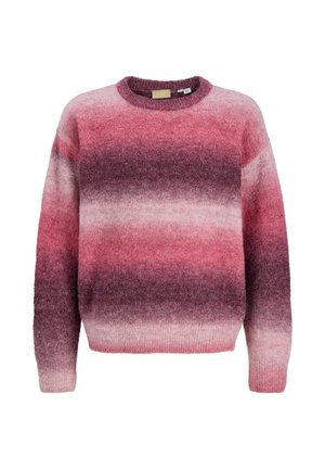 Pull à manches longues, col rond, avec une texture duveteuse en rayures horizontales dégradées de rose, bordeaux et violet clair.