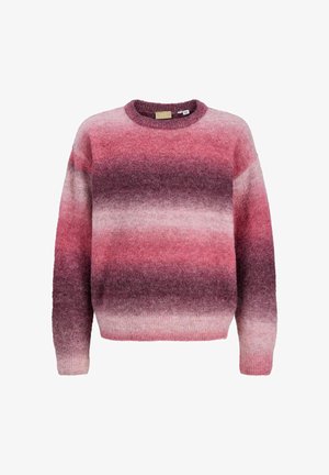 Pull à manches longues, col rond, avec une texture duveteuse en rayures horizontales dégradées de rose, bordeaux et violet clair.