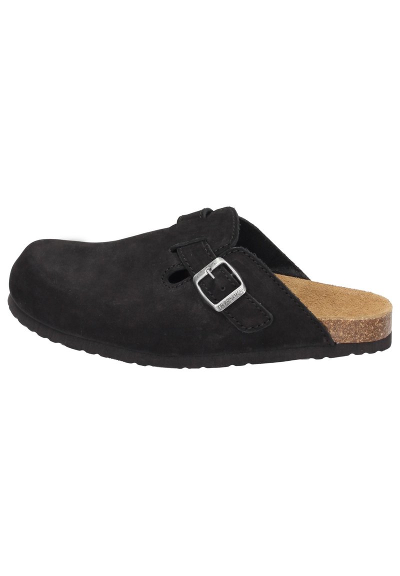 Schwarze Wildlederschuhe mit Korksohle, ausgestattet mit einem verstellbaren Riemen und offenem Rückendesign. Matte Oberfläche ohne Muster.