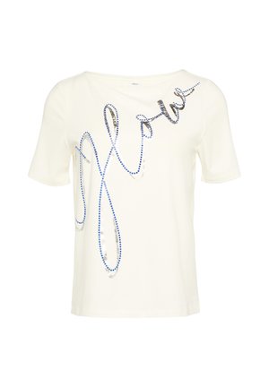 Biała koszulka T-shirt z krótkim rękawem, zdobiona napisem z niebieskimi i srebrnymi kamieniami rhinestone, o gładkiej fakturze i szerokim dekolcie.