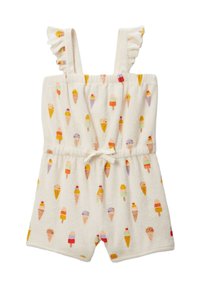 Combinaison en tissu éponge blanc avec des motifs colorés de cônes de glace, bretelles volantées, taille élastique et un détail de lien à l'avant.