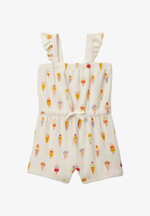 Combinaison en tissu éponge blanc avec des motifs colorés de cônes de glace, bretelles volantées, taille élastique et un détail de lien à l'avant.