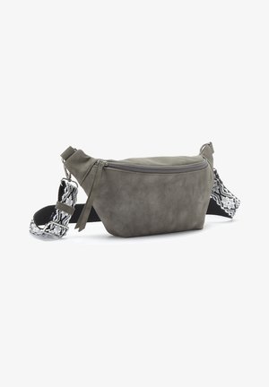 Gray faux leather fanny pack with black and white patterned adjustable strap, zippered closure, and tassel detail on the side.