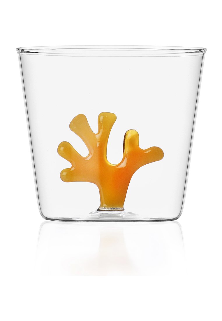 Przezroczysty szklany pojemnik z wibrującym pomarańczowym kształtem korala w środku. Projekt jest gładki i transparentny, podkreślający wewnętrzne detale.