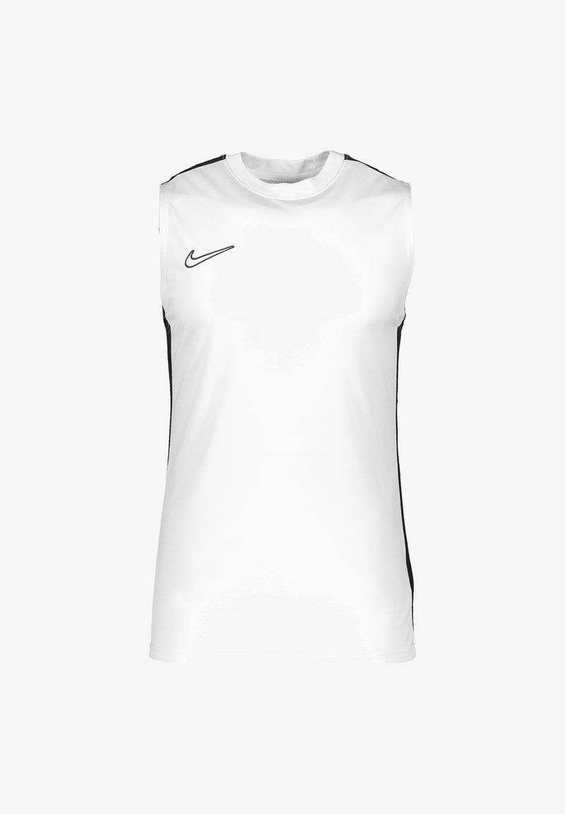 Top deportivo sin mangas blanco con acentos laterales negros y un pequeño logo negro de Nike en el pecho, hecho de un material ligero y transpirable.