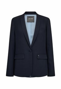 Námořnický blazer s klopami, dvěma předními kapsami a uzávěrem na jeden knoflík. Hladká struktura s jemně modrým podšíváním.