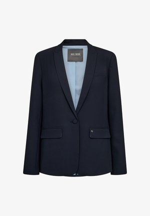 Blazer blu navy con un design elegante, rever a punta, chiusura con un bottone, due tasche anteriori e una fodera blu chiaro. Tessuto dalla texture liscia.