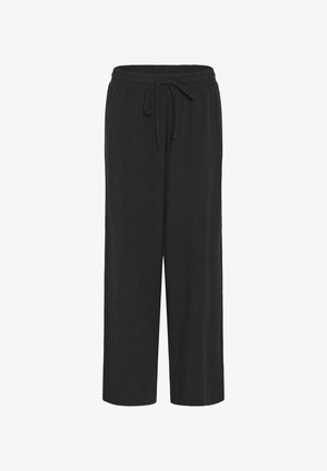 Black loose-fit pants with elastic waistband and adjustable drawstring, straight cut and full length.