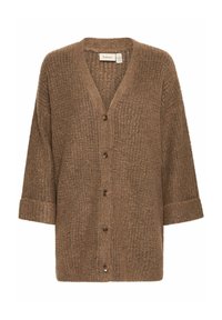 Brauner gestrickter Cardigan mit V-Ausschnitt, Dreiviertelärmeln und sechs Knopfverschluss. Verfügt über ein strukturiertes Muster und eine weiche Stoffoberfläche.
