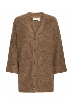 Cardigan lavorato a maglia marrone con scollo a V, maniche tre quarti e chiusura con sei bottoni. Presenta un motivo testurizzato e una finitura in tessuto morbido.