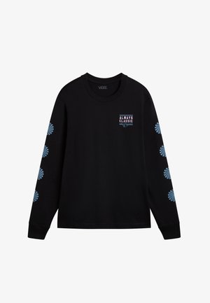 Black long-sleeve t-shirt featuring a blue graphic on the left chest and patterned accents down both sleeves. Made of cotton fabric.