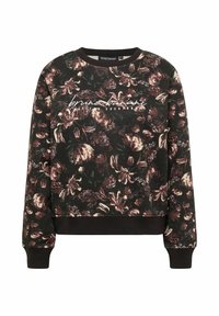 Schwarzer Sweatshirt mit einem Blumenmuster in verschiedenen Lila- und Brauntönen. Gerippte Bündchen und Saum, mit dem "bruno banani"-Logo in weißer Schreibschrift.