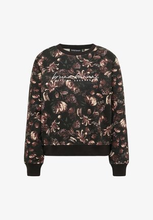 Sort sweatshirt med blomstermønster i nuancer af lilla og brun. Ribstrikkede manchetter og kant, med "bruno banani" logo i hvid skrift.