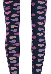 Kniestrümpfe mit navy Hintergrund, verziert mit herzförmigen Mustern in Pink, Flieder und Hellbraun; durchgehend gerippte Textur.