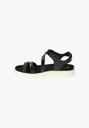 Black open-toe sandal with three slim glossy straps, cushioned black footbed, and thick white sole, viewed from the side.