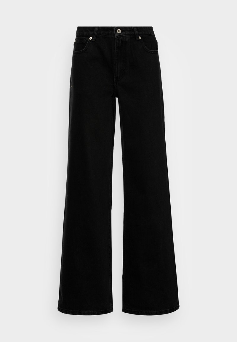 Svarta denim byxor med vida ben och hög midja, med framfickor och metallknappslutning. Mjuk textur och rena sömmar.