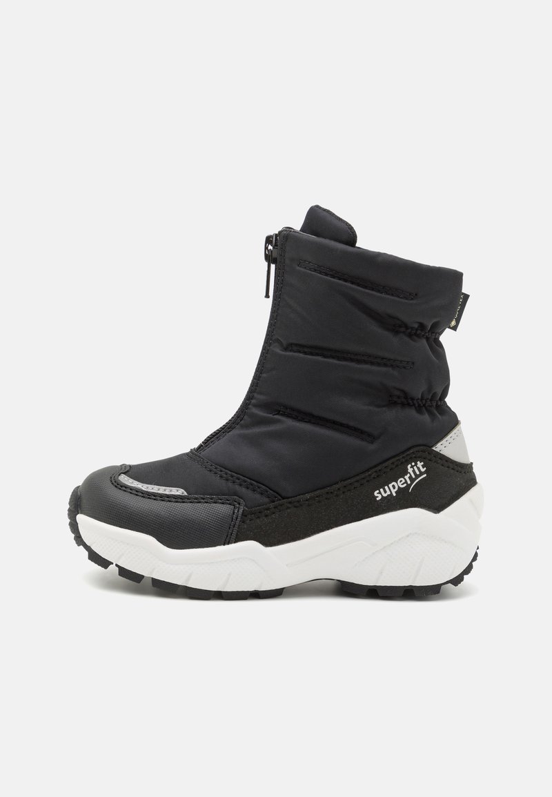 Black snow boots with a zip closure, padded upper, textured black and grey accents, and a rugged white sole for traction.