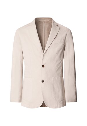 Beige men's blazer with notch lapels, two buttons, chest pocket, and two front patch pockets, displayed on a white background.