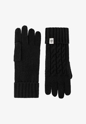 Black knitted gloves featuring a ribbed cuff and cable knit pattern on the back. Soft texture with a label on the wrist area.