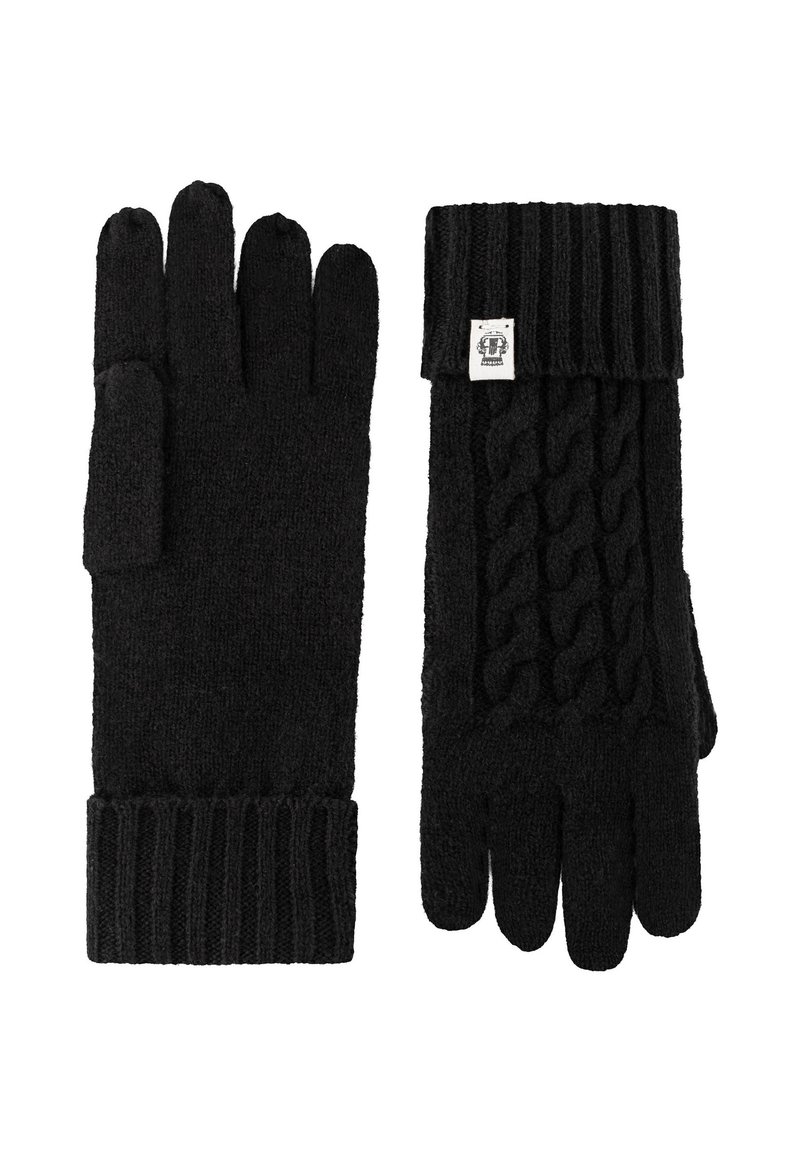 Black knitted gloves featuring a ribbed cuff and cable knit pattern on the back. Soft texture with a label on the wrist area.