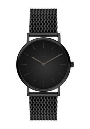 Schwarze Armbanduhr mit minimalistischem rundem Zifferblatt, Mesh-Metallarmband und schlanken Stundenmarkierungen. Glatte, matte Textur auf dem Zifferblatt.
