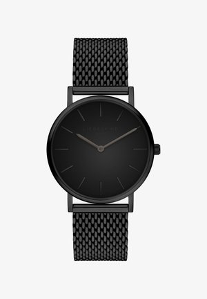 Schwarze Armbanduhr mit minimalistischem rundem Zifferblatt, Mesh-Metallarmband und schlanken Stundenmarkierungen. Glatte, matte Textur auf dem Zifferblatt.