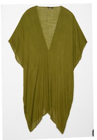 Kaftán ligero color verde olivo con escote en V y mangas anchas. Fabricado con tejido texturizado, presenta un ajuste holgado y un dobladillo asimétrico.