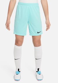 Lichtblauwe Nike-shorts gemaakt van een gladde, ademende stof, gecombineerd met witte kniekousen met een zwart Nike-logo, en voetbalschoenen.