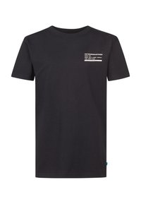 Zwarte katoenen t-shirt met korte mouwen en een ronde hals. Voorzien van een witte tekstprint op de borst, minimalistisch ontwerp en een standaard pasvorm.
