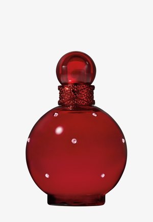 Rund dyb rød parfume flaske med en struktureret hals og små jævnt fordelte rosa perle-lignende prikker på kroppen.