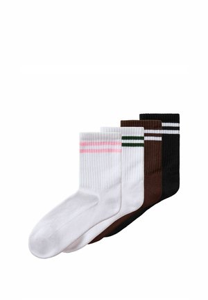 Four pairs of ribbed crew socks in white with pink stripes, white with green stripes, brown with white stripes, and black with white stripes.