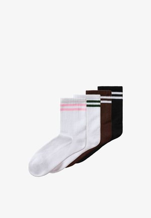 Four pairs of ribbed crew socks in white with pink stripes, white with green stripes, brown with white stripes, and black with white stripes.
