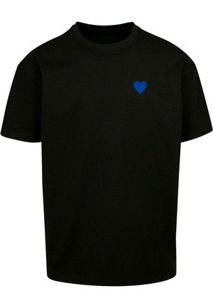 Black cotton T-shirt with short sleeves, featuring a small blue heart graphic on the left chest. Round neckline, relaxed fit.