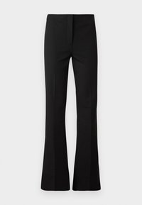 Black flared trousers made from a smooth fabric. Features a tailored fit, front crease, and a concealed zip fly for closure.