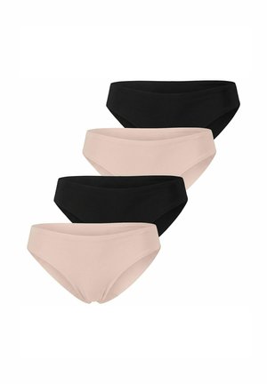 Woman with curly hair wearing light pink bra with mauve straps and matching light pink briefs, standing against plain gray background.