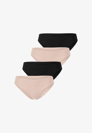 Woman with curly hair wearing light pink bra with mauve straps and matching light pink briefs, standing against plain gray background.