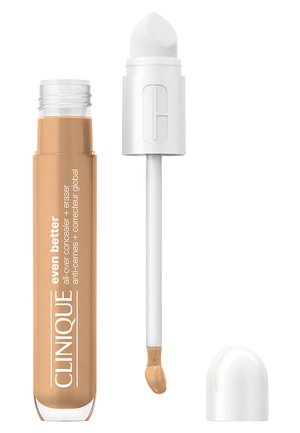 Clinique Even Better Concealer, mit einem zylindrischen beige farbenen Behälter, einem weißen Applikator und einer weichen, abgerundeten Schwammspitze für die Anwendung.